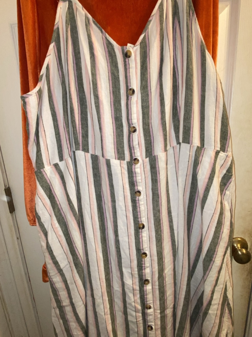 Linen Striped Button-Front Sleeveless Sundress in Pink, Green & White